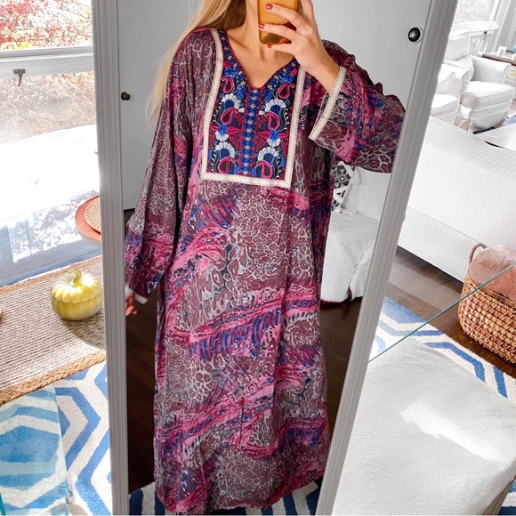 💗 BOHO PINK BLUE MULTI EMBROIDERED LOOSE FIT MAXI DRESS! - Picture 6 of 13